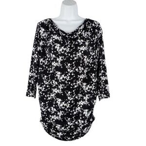 Oh‎ Baby by Motherhood Top Maternity S Black 3/4 Sleeve Cowl Neck Ruched Floral